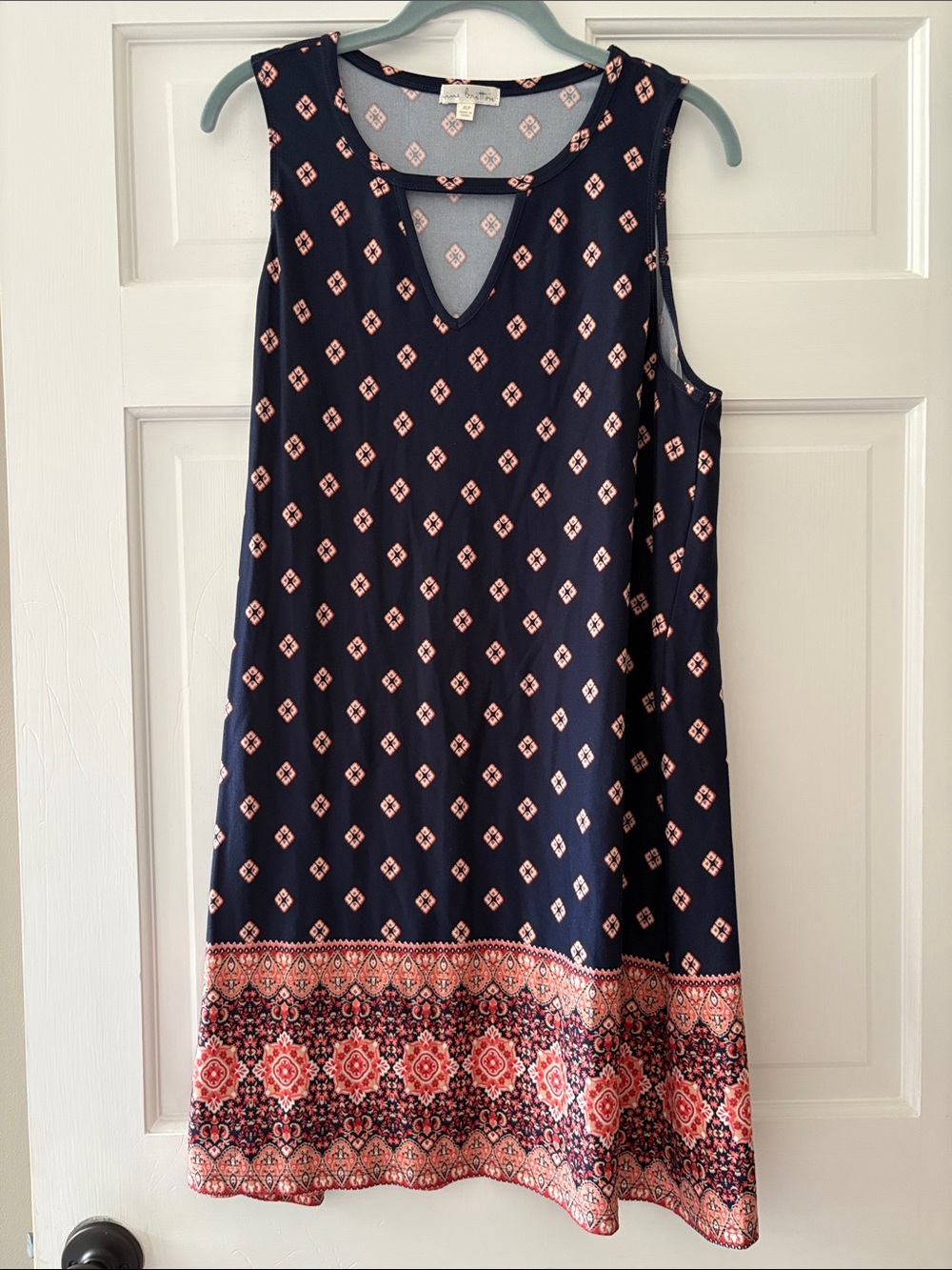 nine britton Navy Dress with Coral Border Print